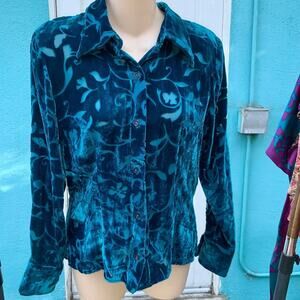 VINTAGE 90s Teal Rayon Silk Devore Burnout Velvet Blouse S
